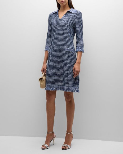 Misook Blue Fringe-trim Tweed Knit Midi Dress