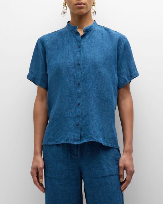 Eileen Fisher Blue Boxy Button-Down Organic Linen Shirt