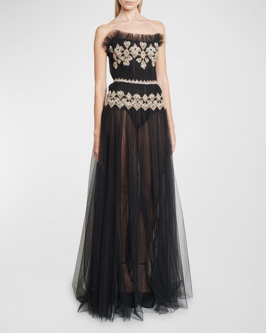Zuhair Murad Black Crystal Embroidered Detachable-Sleeves Off-The-Shoulder Tulle Gown