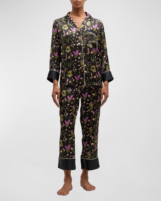 Neiman Marcus Black Printed Cropped Silk Charmeuse Pajama Set