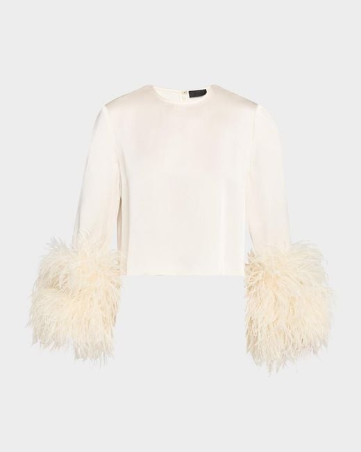 LAPOINTE Black Feather-Trim Long-Sleeve Crop Satin Top