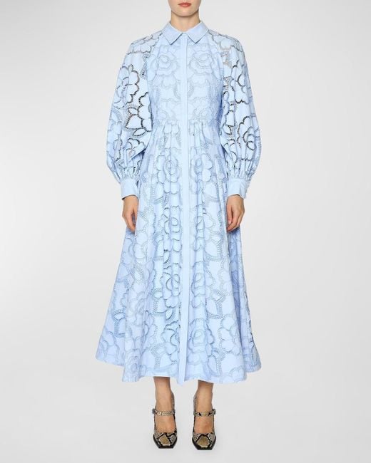 Huishan Zhang Blue Lilli Floral Lace Blouson-Sleeve Maxi Shirtdress