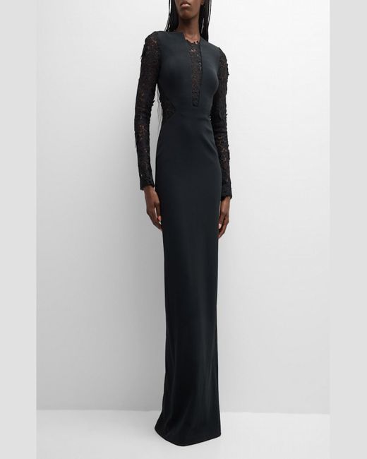 Pamella Roland Blue Crepe Gown With Lace Panels And Sleeves