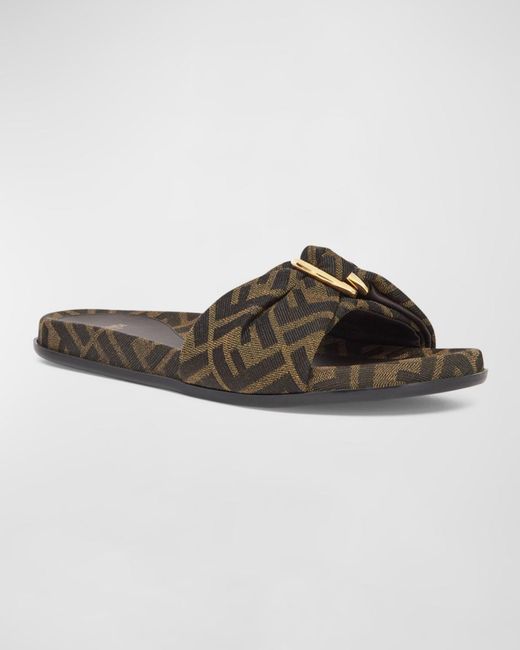 Fendi Brown Ff Jacquard Flat Slides