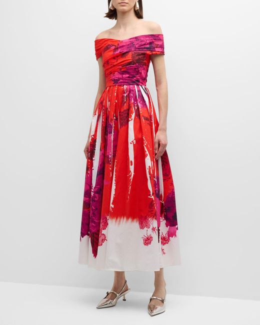 Erdem Red Off-Shoulder Floral Print Cocktail Dress