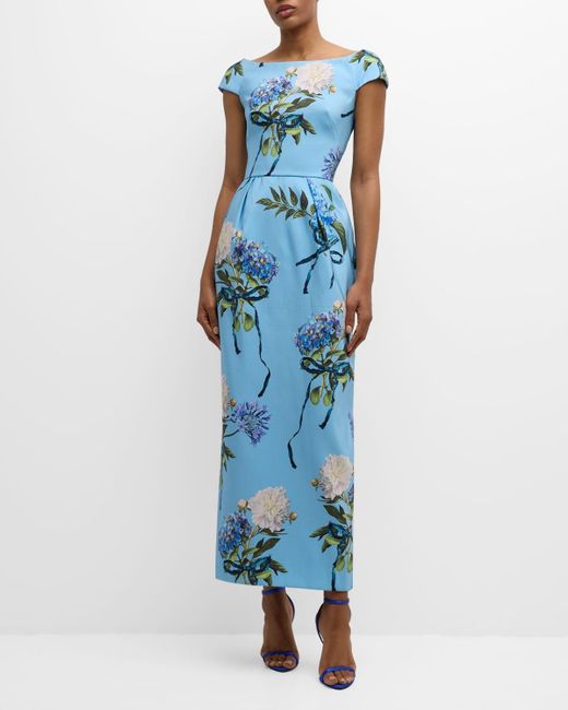 Monique Lhuillier Blue Hydrangea-print Cap-sleeve Faille Column Gown
