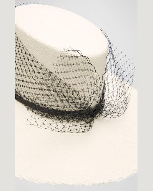 Sensi Studio White Glamour Veiled Straw Large Brim Hat