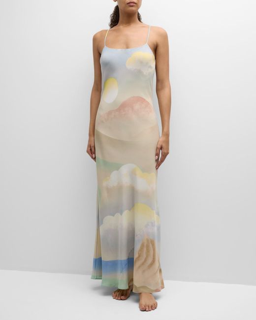 Olivia Von Halle White Olympia Landscape-Print Silk Slip Dress