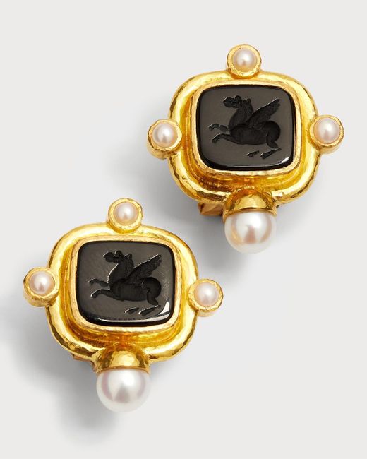 Elizabeth Locke Metallic 19k Yellow Gold Venetian Glass Intaglio Square Pegasus Earrings With Pearls