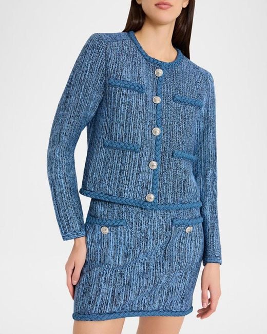 MILLY Blue Shayne Boxy Braid-Trim Jacket