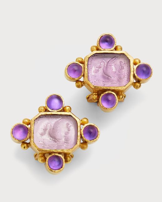 Elizabeth Locke Pink 19k Putto With Swan Earrings And 4mm Stones