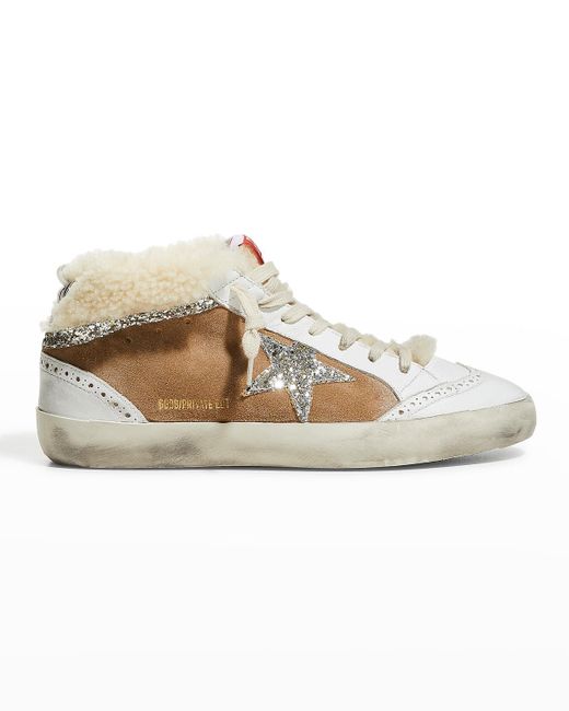 Golden Goose Mid Star Shearling Glitter Sneakers in White | Lyst