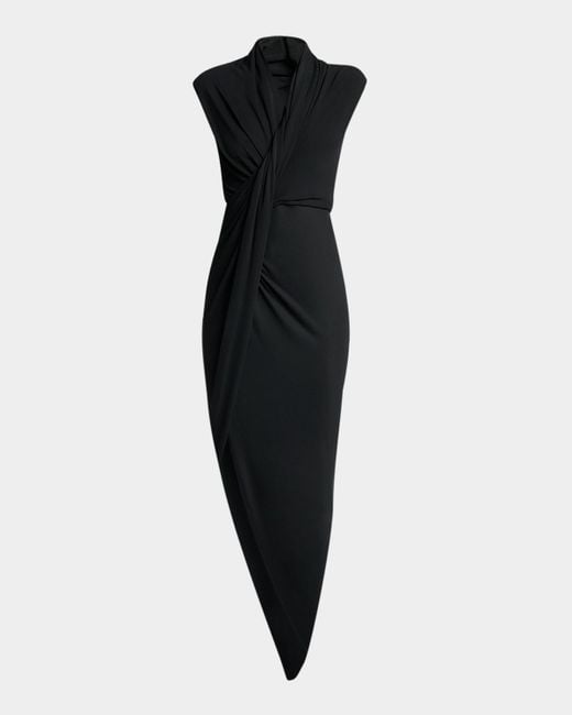 Balenciaga Black Draped Sleeveless Asymmetric Midi Dress