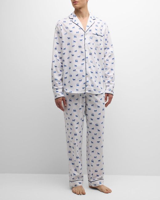 Petite Plume White Cotton Horse-Print Long Pajama Set for men