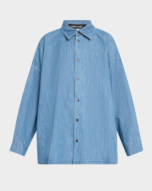 Eskandar Blue Angled-To-Front Side Seam Denim Shirt With Collar (Long Length)