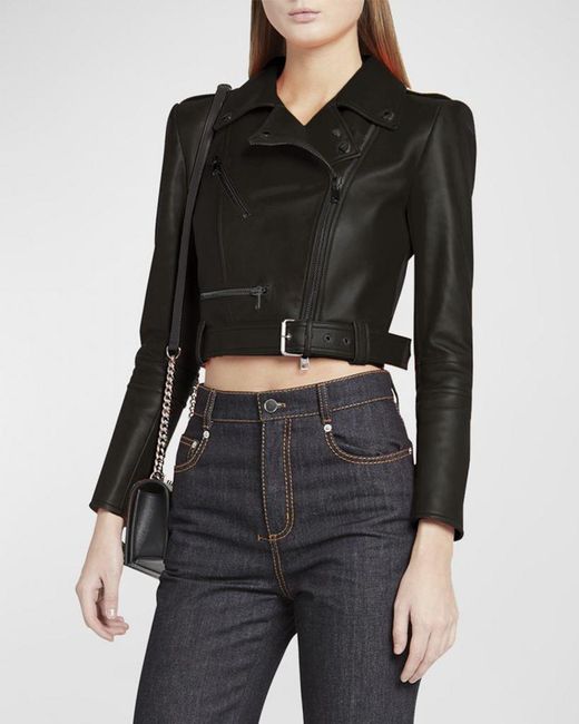 McQueen Black Cropped Leather Biker Jacket