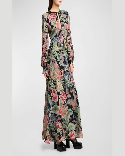 Etro Multicolor Allover Floral Slit Long-Sleeve Silk Gown