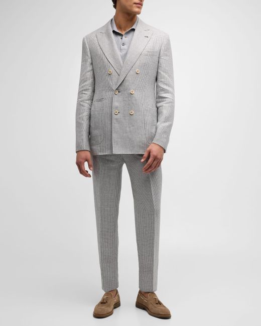 Brunello Cucinelli Gray Linen Houndstooth Double-Breasted Suit for men