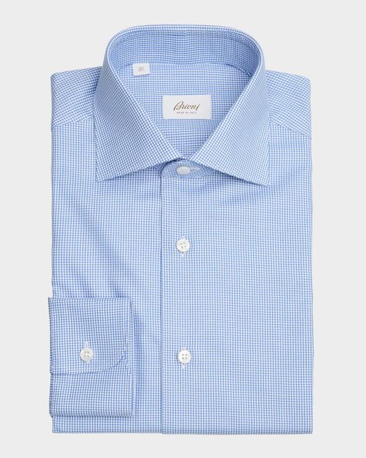 Brioni Blue Cotton Micro-Houndstooth Dress Shirt for men