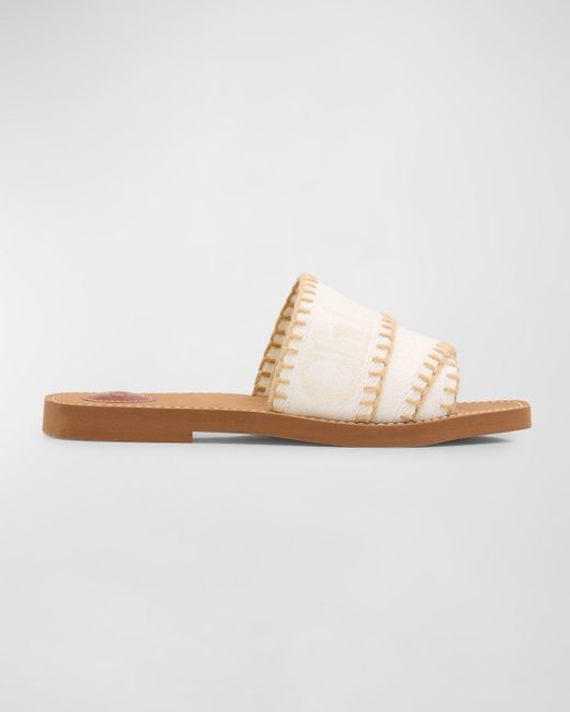 Chloé White X High Summer Woody Linen Logo Whipstitch Sandals