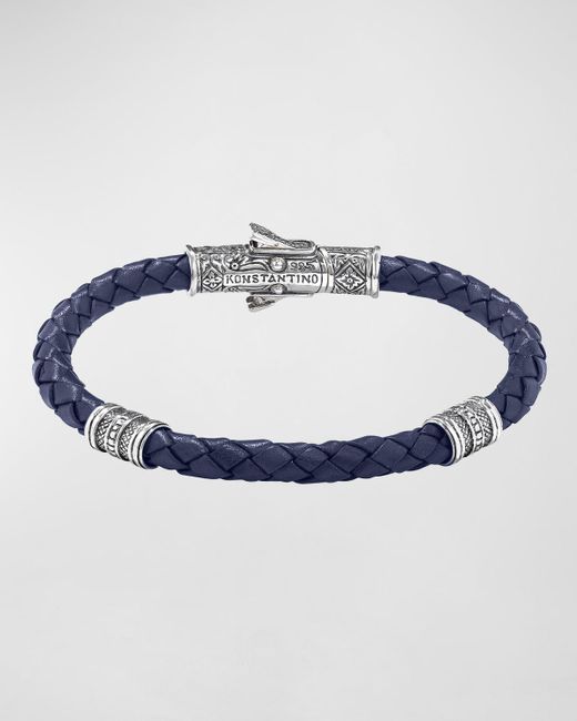 Konstantino Blue Braided Leather Bracelet W/ Sterling for men
