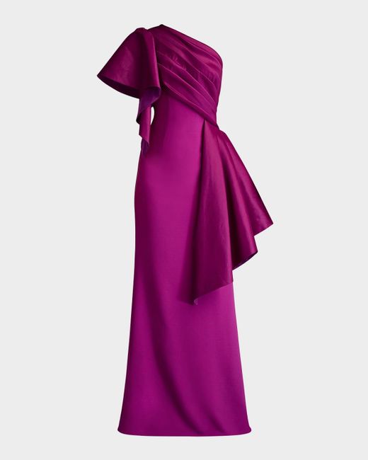 Tadashi Shoji Purple Draped One-Shoulder Taffeta Crepe Gown