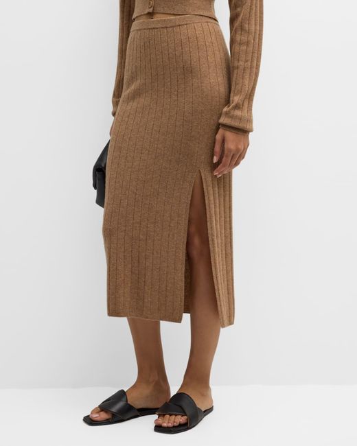 NAADAM Brown Ribbed Side-Slit Wool-Cashmere Midi Skirt
