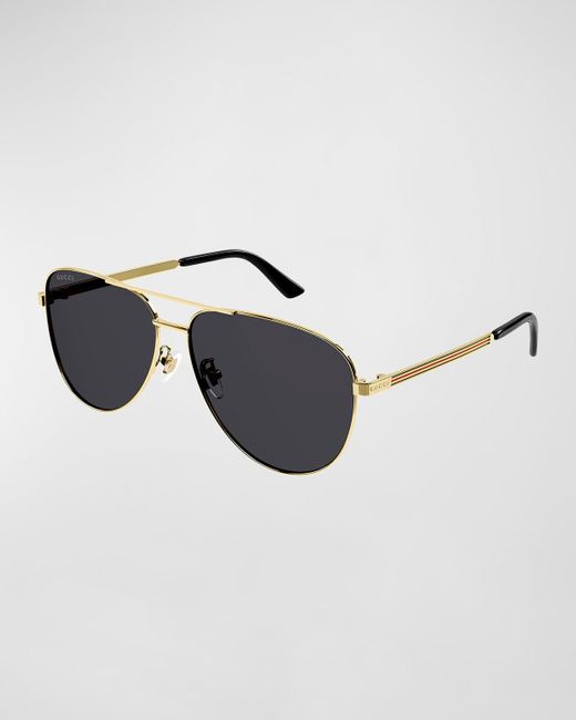 Gucci Black Striped Logo Metal Aviator Sunglasses for men