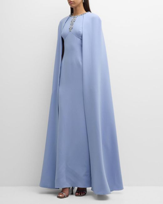 Teri Jon Blue Jewel-Embellished Cape-Sleeve Crepe Gown