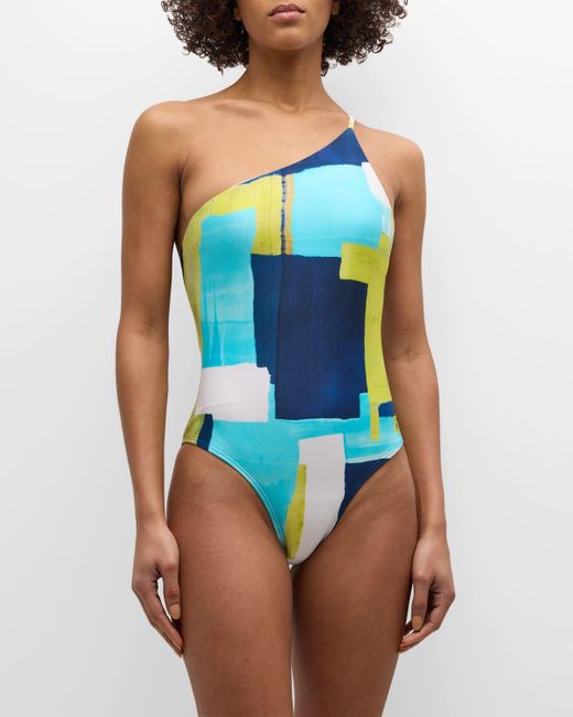 Lenny Niemeyer Blue Abstract One-shoulder One-piece Swimsuit