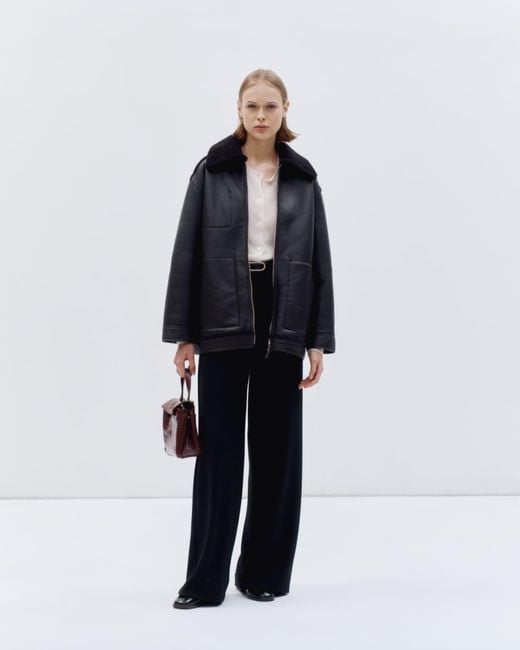 Theory Black Reversible Shearling Cocoon Coat