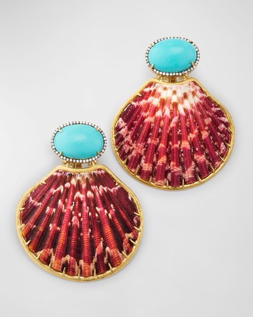 Silvia Furmanovich Red 18k Yellow Gold Turquoise And Shell Earrings