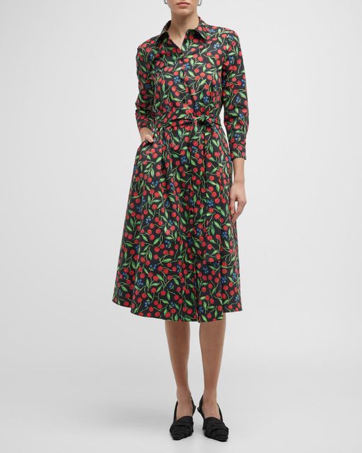 Carolina Herrera Multicolor Cherry-Print Waist-Tie Midi Shirtdress