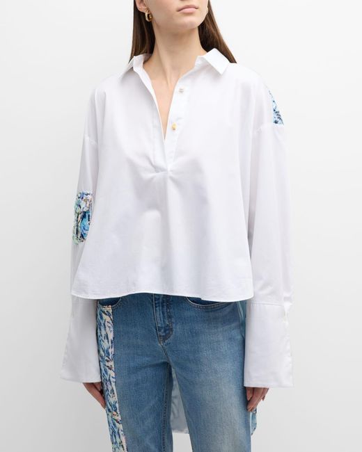 Hellessy White Myles Sequin Panel High-Low Collared Shirt