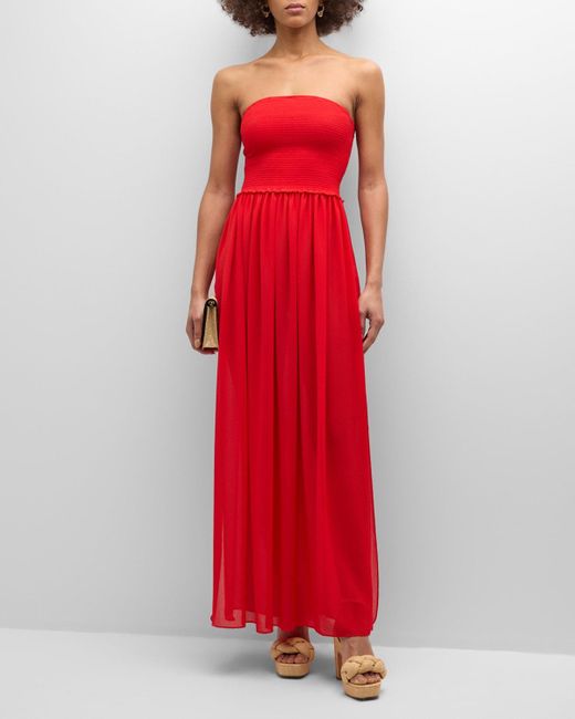 Ramy Brook Red Calista Smocked Strapless Side-Split Coverup Dress