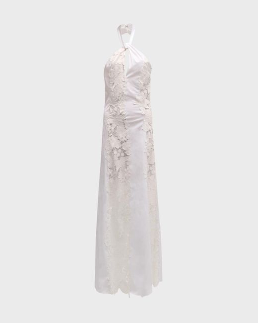 Oscar de la Renta White Botanical Guipure Paneled Poplin Halter Maxi Dress