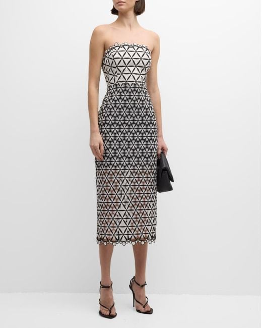 MILLY Multicolor Strapless Geometric Lace Midi Dress