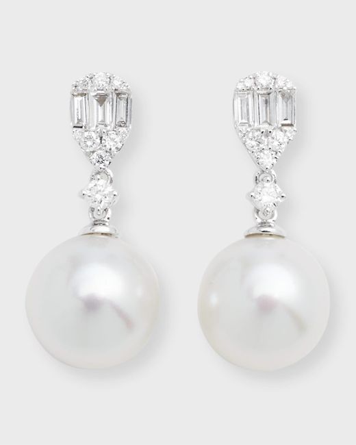 Belpearl 18k White Gold 10.5mm South Sea Pearl Earrings With Diamond Rounds And Baguettes