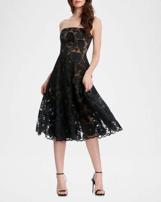dress the population black label Kailyn Strapless Embroidered Midi Dress in Black Floral lace Clothing features:Buttons to hem Leo Gold Sequin Backless Maxi defining fit.