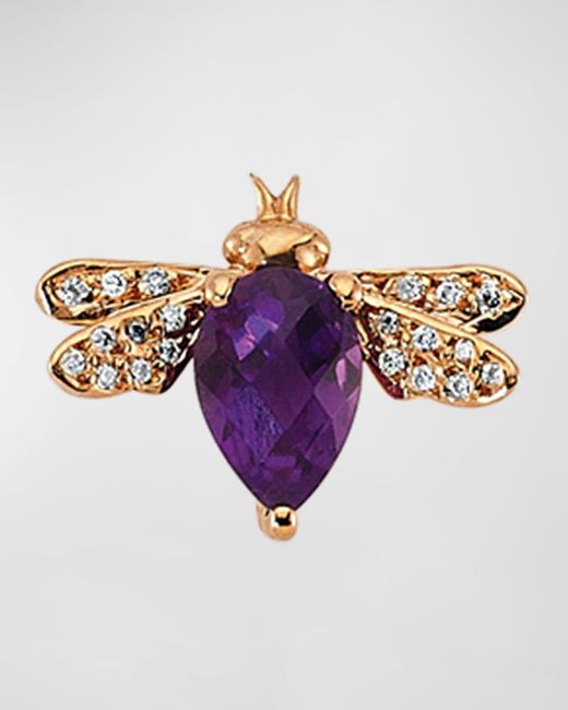 BeeGoddess Purple 14k Rose Gold Amethyst And Diamond Bee Stud Earring, Single