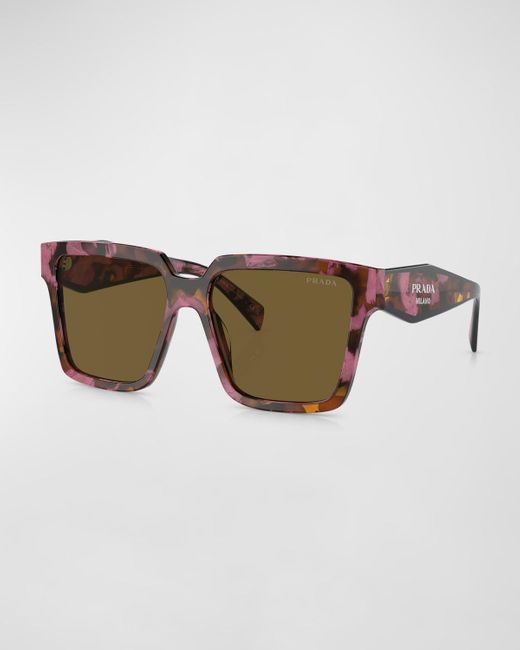 Prada Brown Contrasting Logo Square Acetate & Plastic Sunglasses
