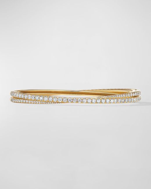 David Yurman White 2-row Pave Crossover Bracelet With Diamonds In 18k Gold, 5.5mm, Size L