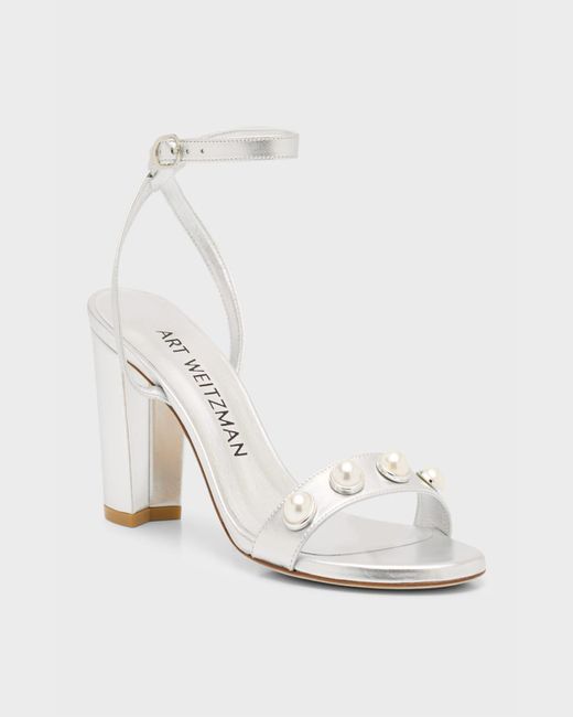 Stuart Weitzman Natural Nearlybare Metallic Pearly Ankle-Strap Sandals