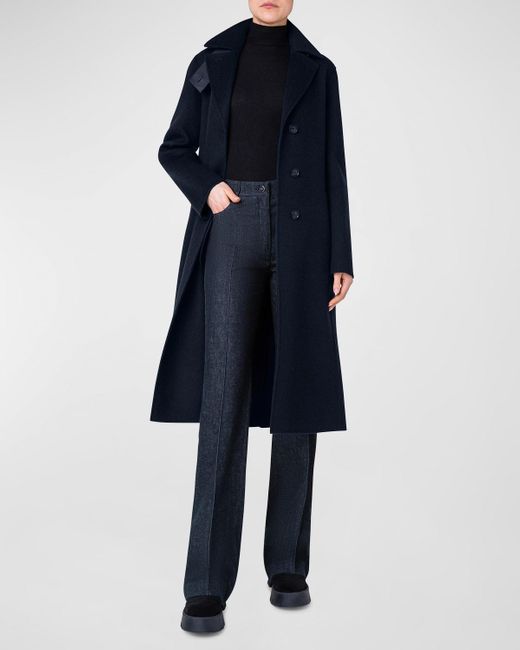 Akris Blue Leather Collar Cashmere Coat