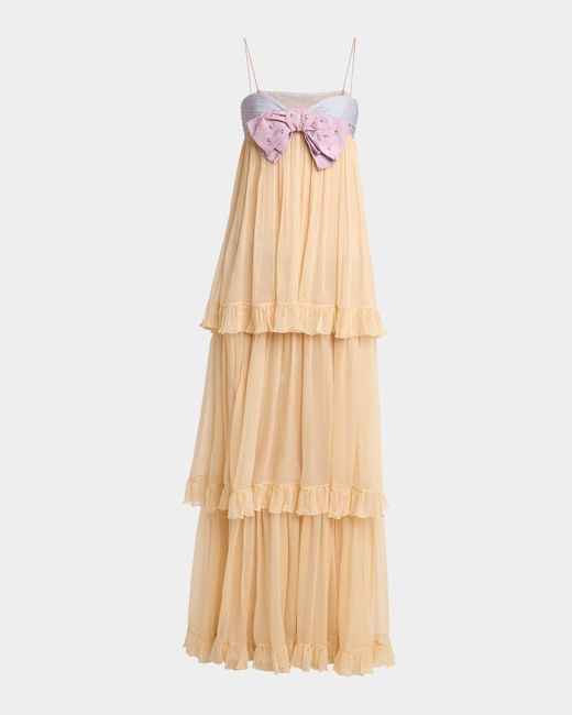 Valentino Garavani Natural Crystal Creponne Bow Tiered Chiffon Babydoll Gown