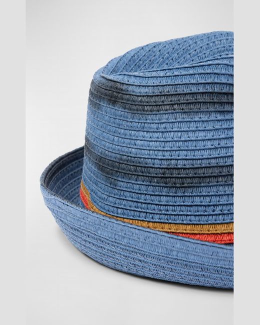 Paul Smith Blue Trilby Bright Stripe Straw Fedora Hat for men