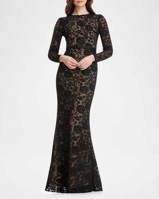Dress the Population Black Label Tamra Belted Floral Lace Mermaid Gown in Black