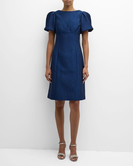 Teri Jon Blue Puff-Sleeve Pebble Jacquard Midi Dress