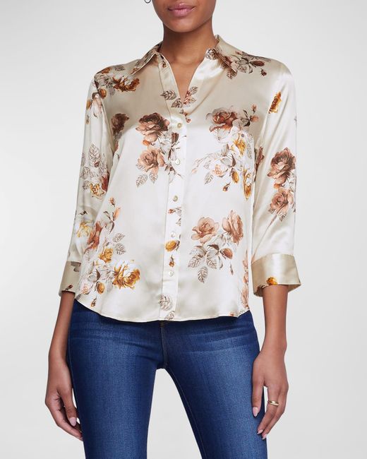 L'Agence White Dani Floral-print Silk Shirt