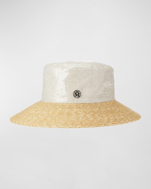 Maison Michel Natural New Kendall Sequined Linen & Straw Bucket Hat